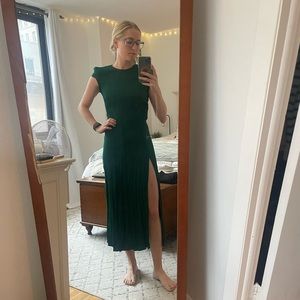 Reformation green dress with high slit and open back